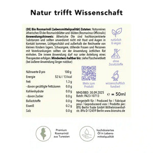 Bio Rosmarinoel – Produktinfo mit Anwendungshinweis, Nährwerten und Inhaltsstoffen, 50 ml hochdosiertes ätherisches Öl in Lebensmittelqualität, vegan und ohne Zusatzstoffe