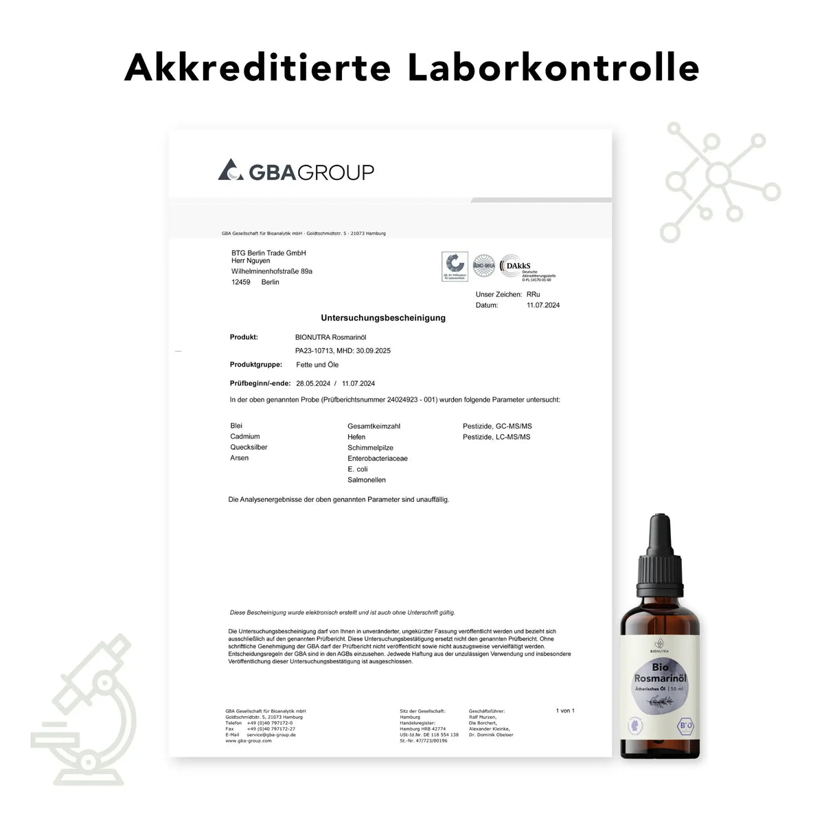 Untersuchungsbescheinigung für Bio Rosmarinoel – akkreditierte Laboranalyse durch GBA Group zu Schwermetallen, Mikrobiologie und Rückständen, geprüft nach Lebensmittelstandard