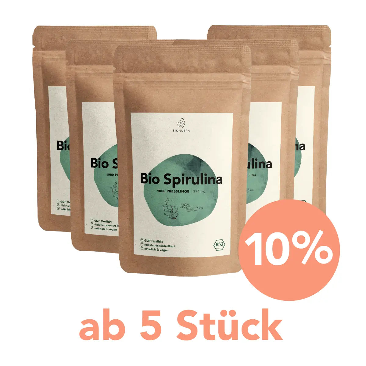 Sparangebot Spirulina Presslinge – 5er-Pack mit 10 % Rabatt ab 5 Stück, je 250 g Beutel