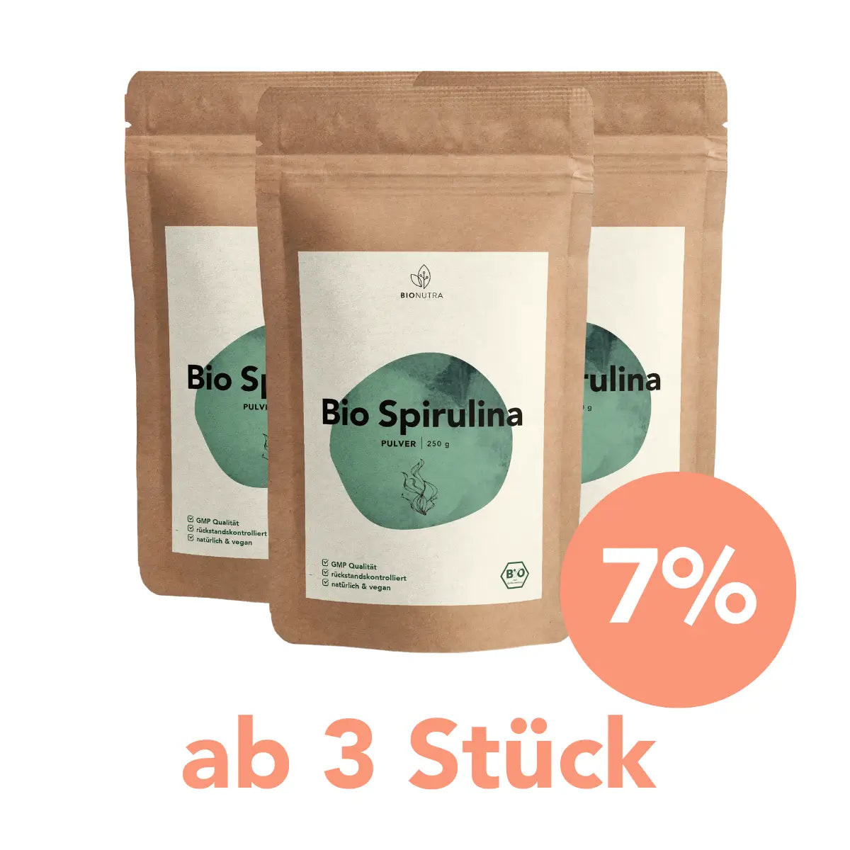 Sparangebot Spirulina Pulver – 3er-Pack mit 7 % Rabatt ab 3 Stück, je 250 g Beutel