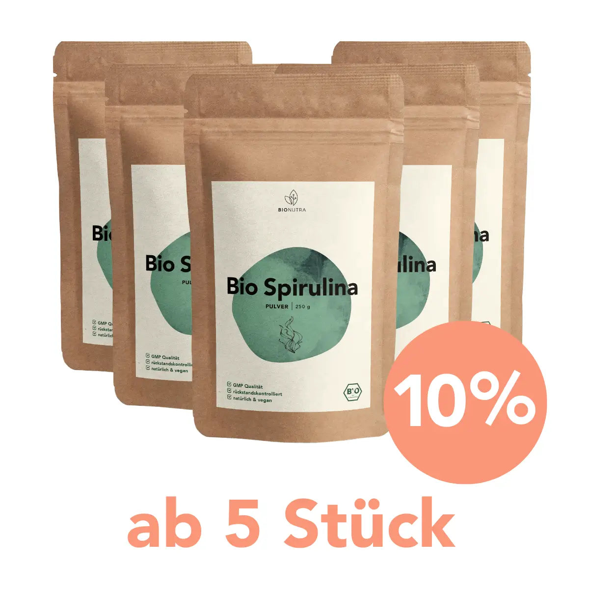 Sparangebot Spirulina Pulver – 5er-Pack mit 10 % Rabatt ab 5 Stück, je 250 g Beutel