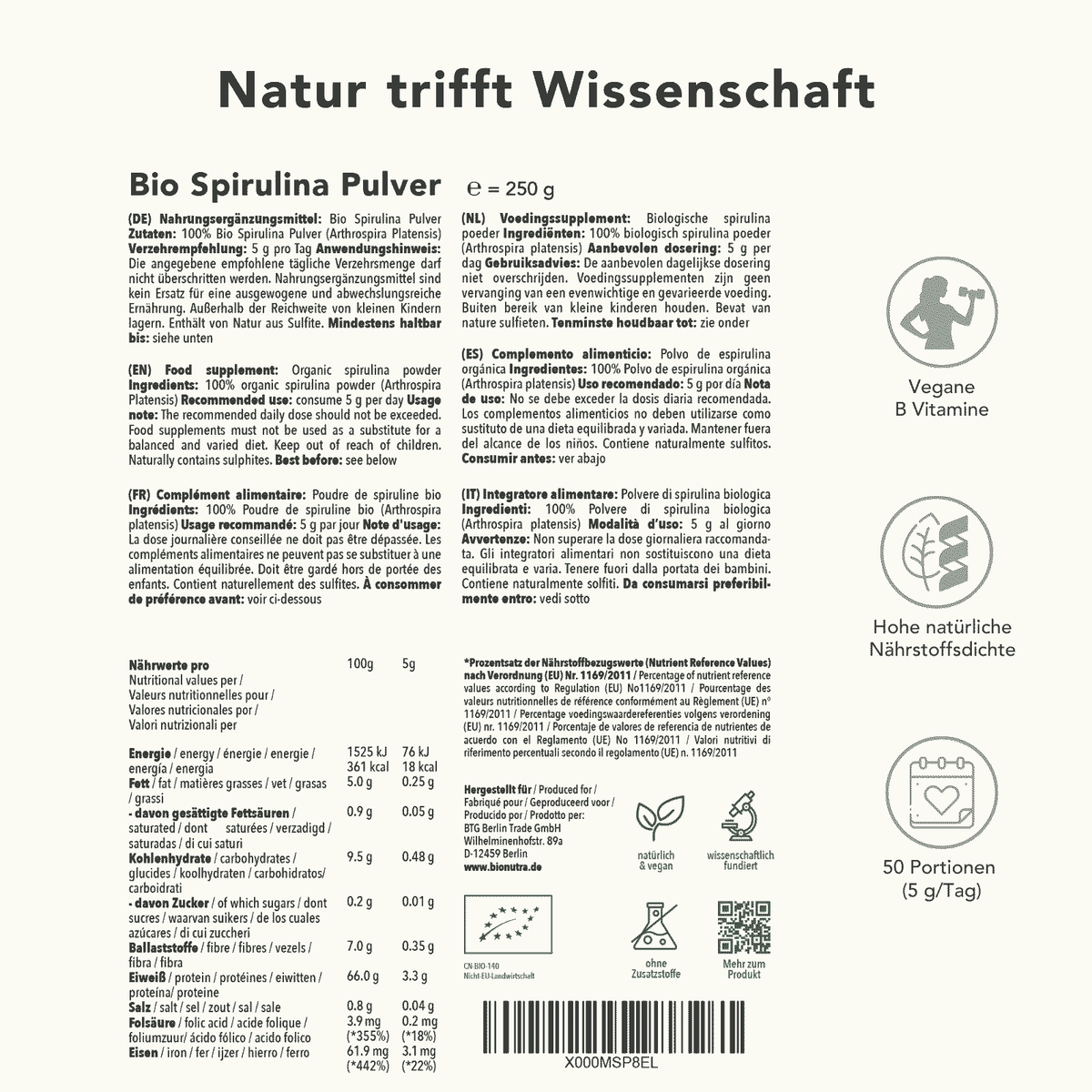 Bio Spirulina Pulver – Produktinformation mit Zutaten, Nährwerten, Anwendungsempfehlung und Portionenübersicht für 250 g, vegane Quelle natürlicher Nährstoffe