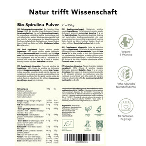 Bio Spirulina Pulver – Produktinformation mit Zutaten, Nährwerten, Anwendungsempfehlung und Portionenübersicht für 250 g, vegane Quelle natürlicher Nährstoffe