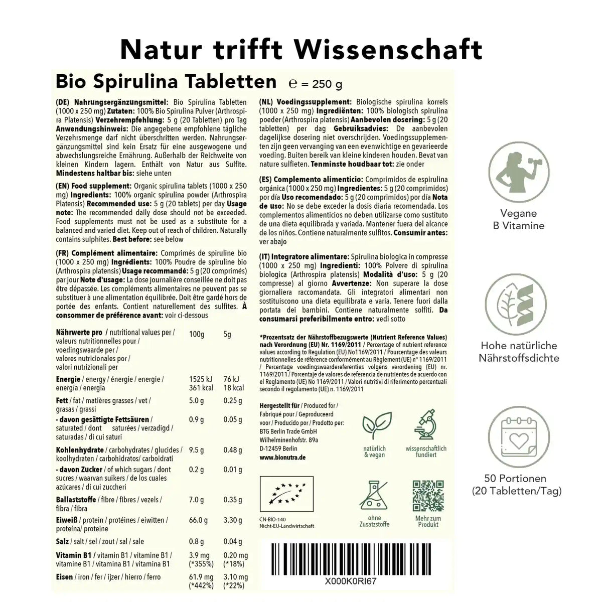 Bio Spirulina Tabletten – Produktinformation mit Zutaten, Nährwerten, Anwendungsempfehlung und Portionenübersicht für 250 g, vegane Quelle natürlicher Nährstoffe