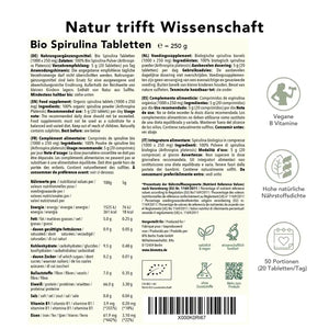 Bio Spirulina Tabletten – Produktinformation mit Zutaten, Nährwerten, Anwendungsempfehlung und Portionenübersicht für 250 g, vegane Quelle natürlicher Nährstoffe