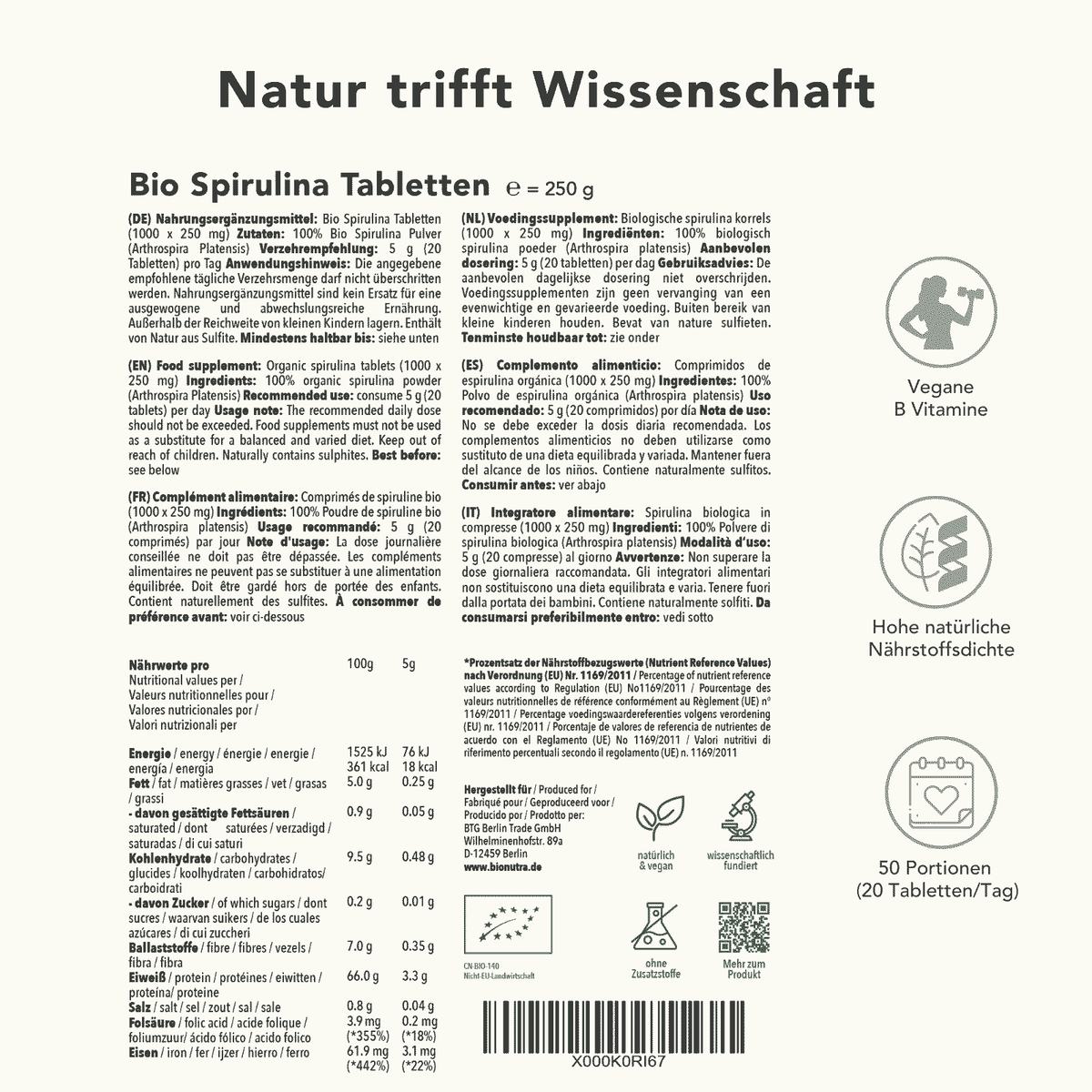 Bio Spirulina Tabletten – Produktinformation mit Zutaten, Nährwerten, Anwendungsempfehlung und Portionenübersicht für 250 g, vegane Quelle natürlicher Nährstoffe