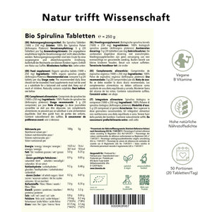 Bio Spirulina Tabletten – Produktinformation mit Zutaten, Nährwerten, Anwendungsempfehlung und Portionenübersicht für 250 g, vegane Quelle natürlicher Nährstoffe