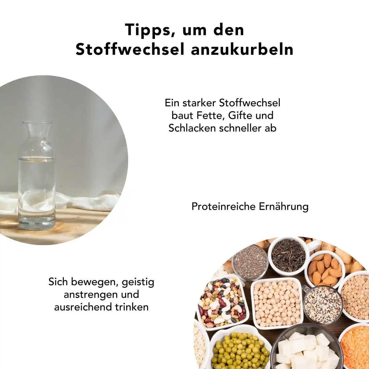 Tipps zur Stoffwechselaktivierung: Bewegung, viel Wasser, eiweissreiche Ernaehrung – kombiniert mit Kurkuma-Ingwer-Kapseln als natuerliche Unterstuetzung zur Anregung des Energie- und Verdauungsstoffwechsels.