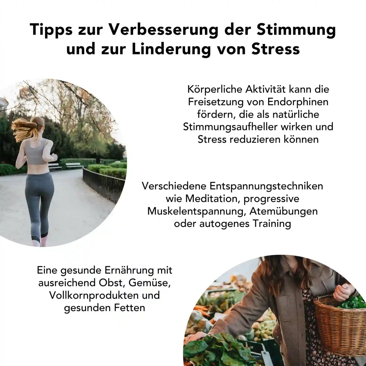 Tipps gegen Stress und zur Stimmungsaufhellung: Koerperliche Aktivitaet, gesunde Ernaehrung und Entspannungstechniken unterstuetzen das Wohlbefinden – natuerlich ergaenzt durch das erfrischende Bio Pfefferminzöl.