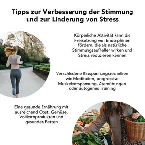 Tipps gegen Stress und zur Stimmungsaufhellung: Koerperliche Aktivitaet, gesunde Ernaehrung und Entspannungstechniken unterstuetzen das Wohlbefinden – natuerlich ergaenzt durch das erfrischende Bio Pfefferminzöl.
