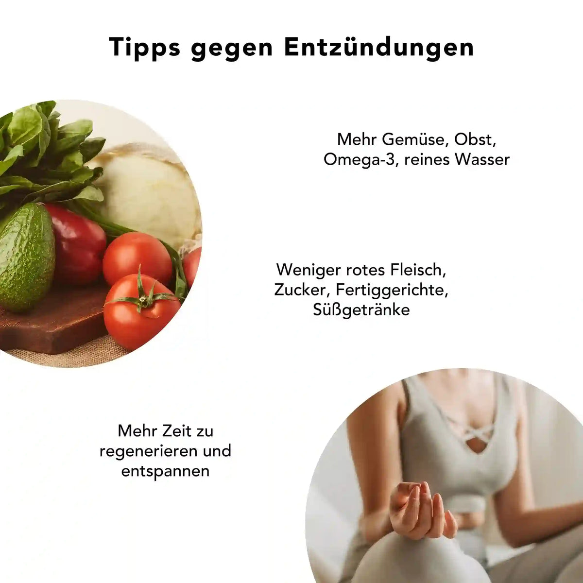 Tipps zur Entzuendungshemmung durch eine pflanzenreiche Ernaehrung, ausreichend Wasser, weniger Zucker und mehr Entspannung – kombiniert mit Kurkuma-Pfeffer-Kapseln als natuerliche Unterstuetzung.