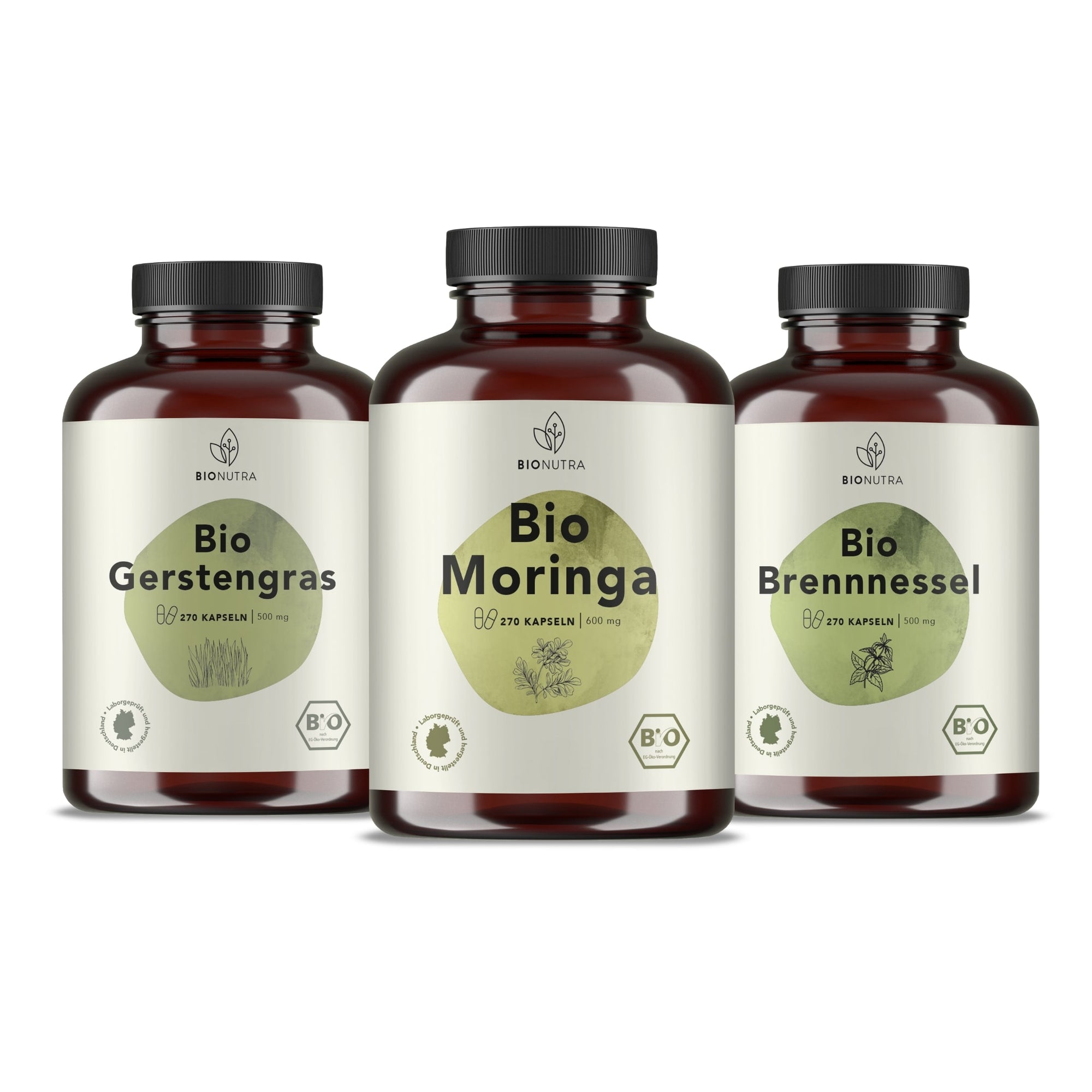 Bionutra Vital-Mikronährstoffe Set enthält Bio Moringa Kapseln, Bio Gerstengras Kapseln, Bio Brennnessel Kapseln