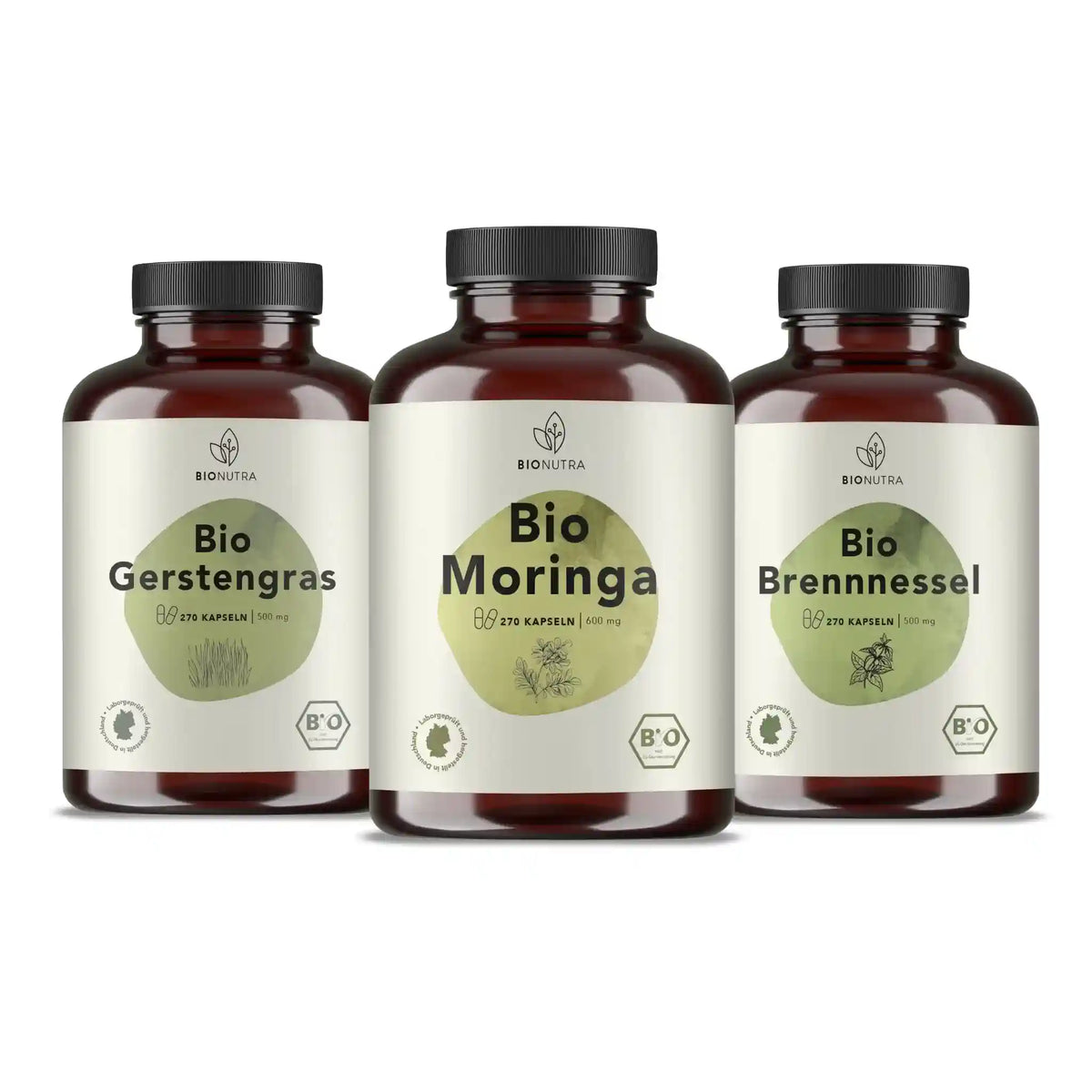 Vital-Mikronährstoffe Set enthält Bio Moringa Kapseln, Bio Gerstengras Kapseln, Bio Brennnessel Kapseln