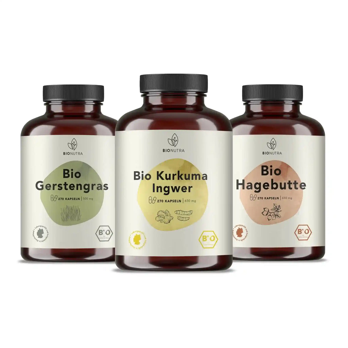 Winterprotection Set enthält Bio Kurkuma Ingwer Kapseln, Bio Gerstengras Kapseln, Bio Hagebutte Kapseln