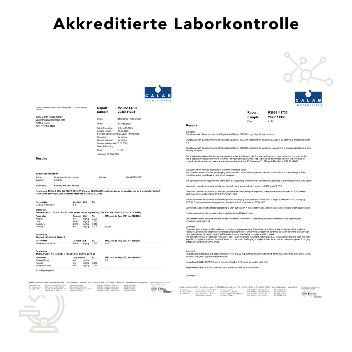Akkreditierte Laborkontrolle – Bio-Amla-Pulver geprüft auf Schwermetalle Rückstände gemäß EU-Richtlinien