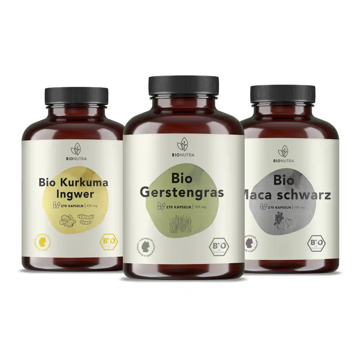  Tägliche Ausdauer Set enthält Bio Gerstengras Kapseln, Bio Kurkuma Ingwer Kapseln, Bio Maca schwarz Kapseln