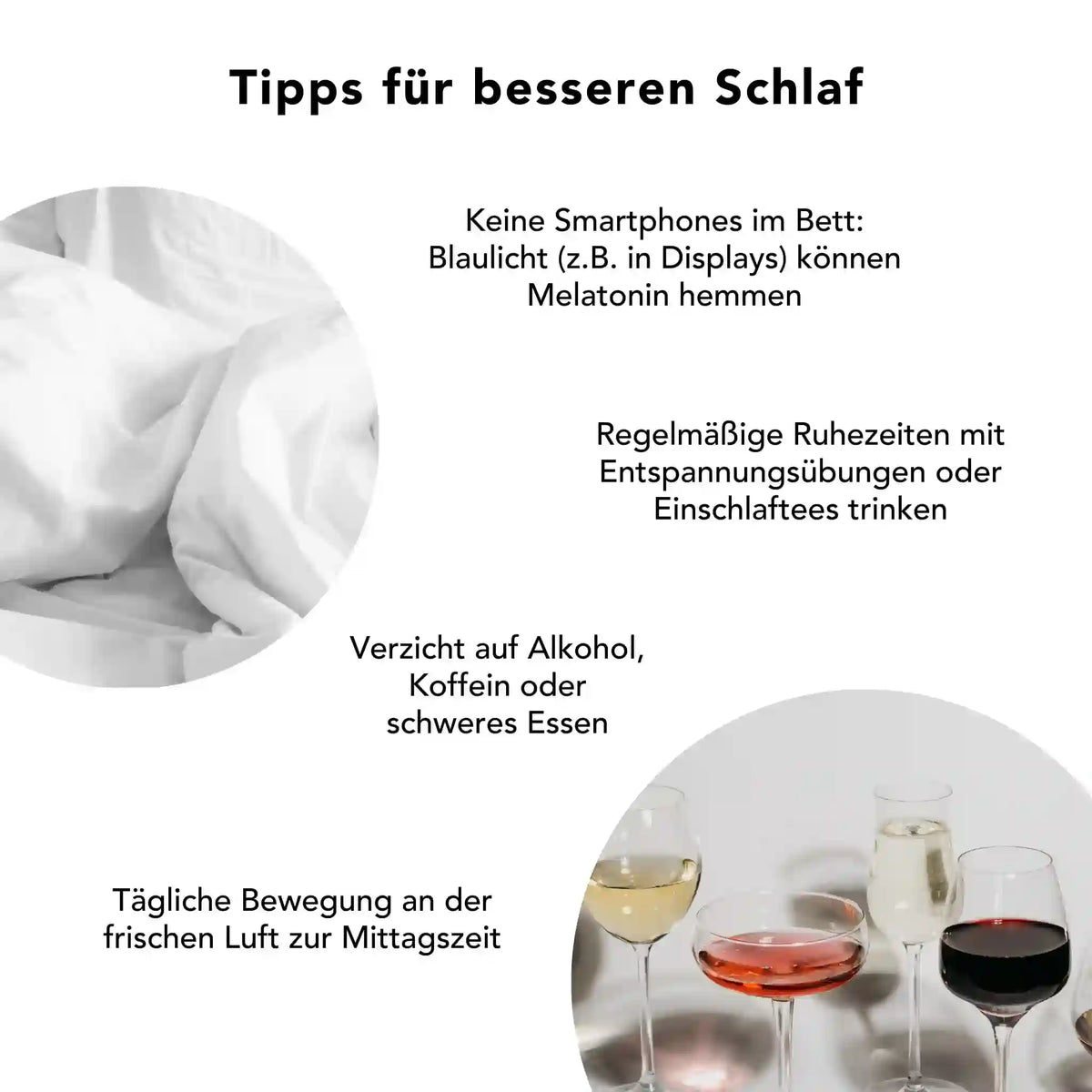 Tipps für besseren Schlaf: kein Smartphone im Bett, regelmäßige Ruhezeiten, Einschlaftee, Bewegung an der frischen Luft, Verzicht auf Alkohol, Koffein und schweres Essen