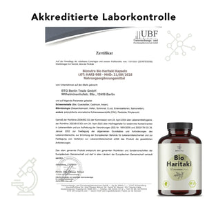 Zertifikat zur akkreditierten Laborkontrolle für Bio Haritaki Kapseln – geprüft auf Schwermetalle, Mikrobiologie und Rückstände laut EU-Richtlinien