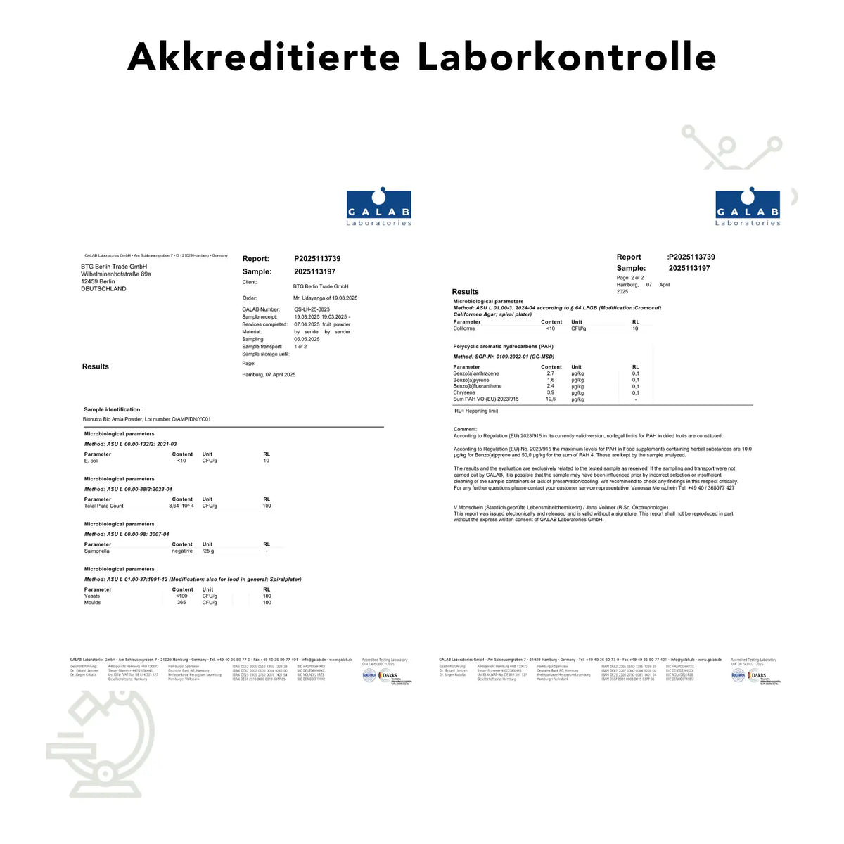 Zertifikat zur akkreditierten Laborkontrolle für Bio Amla Pulver – geprüft auf mikrobiologische Rückstände laut EU-Richtlinien