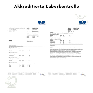 Zertifikat zur akkreditierten Laborkontrolle für Bio Haritaki Kapseln – geprüft auf Mikrobiologie und Rückstände laut EU-Richtlinien