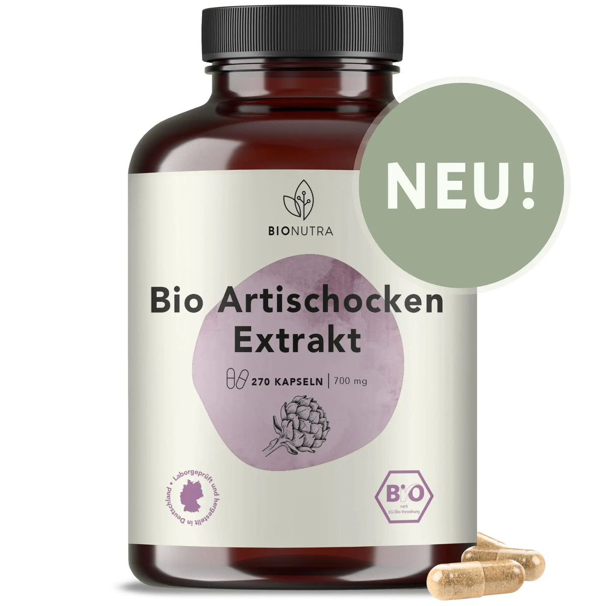 Bio Artischocken Extrakt Kapseln – 270 Stück in brauner PET-Dose, 700 mg pro Kapsel