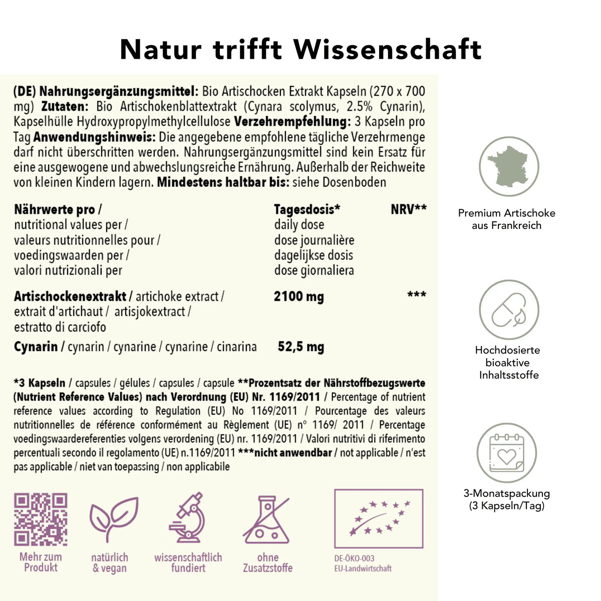 Produktinformation Bio artischoke_extrakt_kapseln: Zutaten, Tagesdosis 2100 mg, Anwendungshinweise, Herkunft Indien, ohne Zusatzstoffe, wissenschaftlich fundiert, vegan, 2-Monatspackung