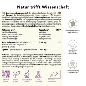 Produktinformation Bio artischoke_extrakt_kapseln: Zutaten, Tagesdosis 2100 mg, Anwendungshinweise, Herkunft Indien, ohne Zusatzstoffe, wissenschaftlich fundiert, vegan, 2-Monatspackung