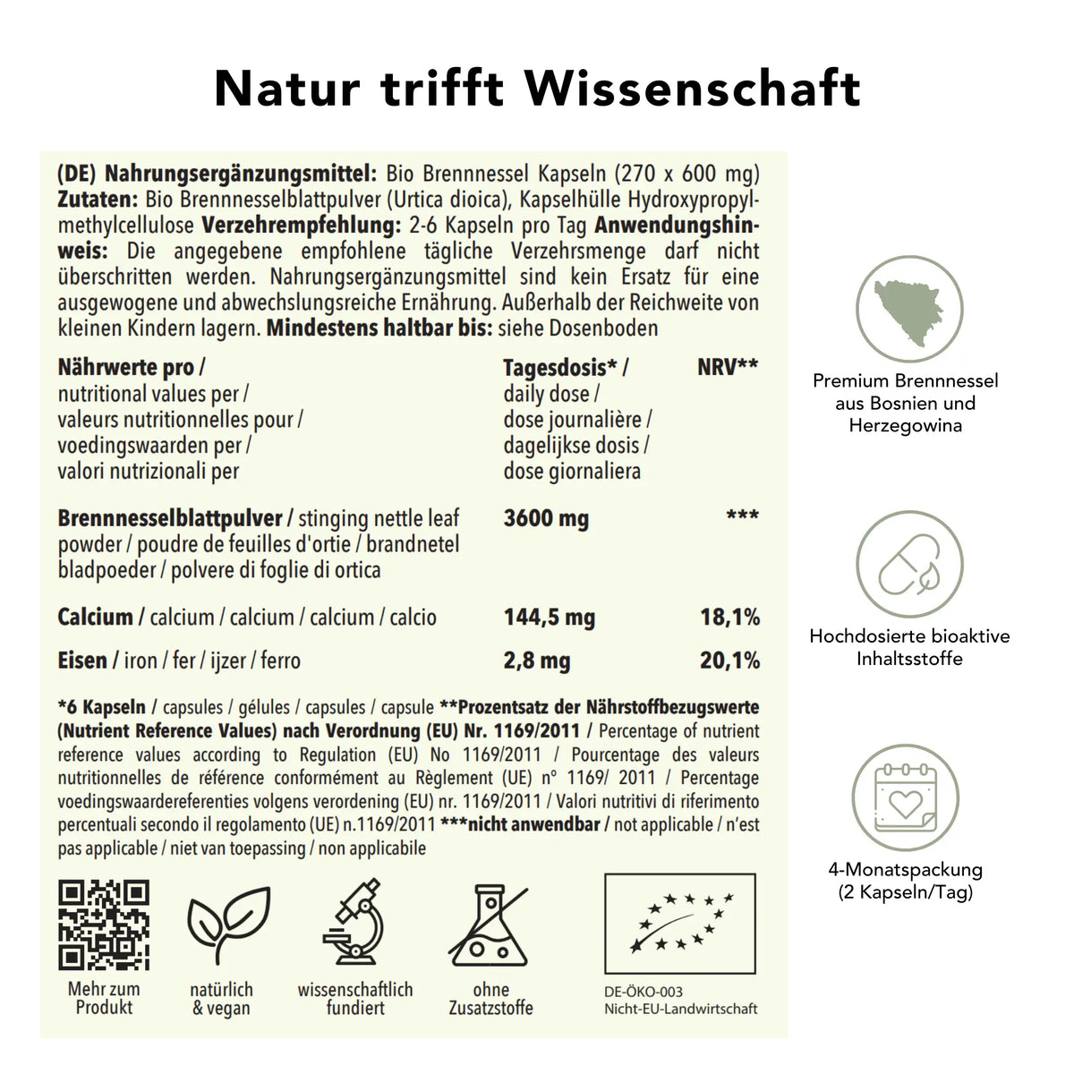 Brennnessel Kapseln – Produktinfos mit Zutaten, Tagesdosis 1200 mg, Herkunft Bosnien, ohne Zusatzstoffe, 4‑Monatspackung, hochdosierte Inhaltsstoffe