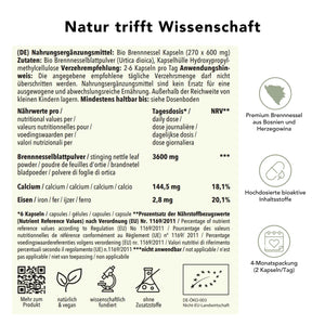 Brennnessel Kapseln – Produktinfos mit Zutaten, Tagesdosis 1200 mg, Herkunft Bosnien, ohne Zusatzstoffe, 4‑Monatspackung, hochdosierte Inhaltsstoffe