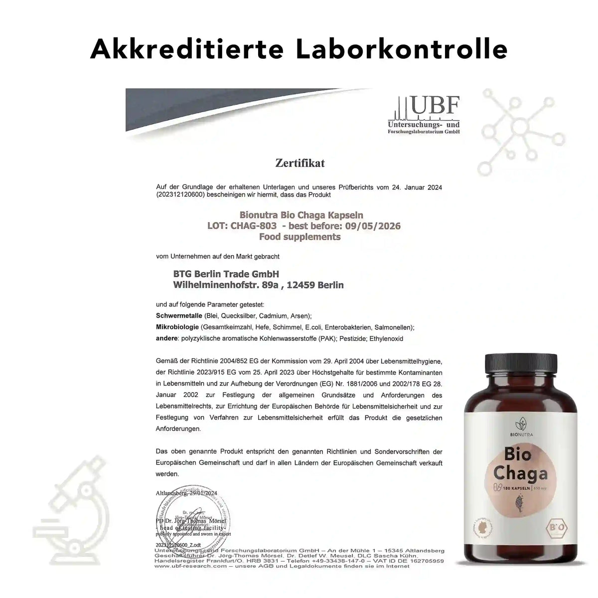 Zertifikat zur akkreditierten Laborkontrolle für Bio Chaga Pilz Kapseln – geprüft auf Schwermetalle, Mikrobiologie und Rückstände laut EU-Richtlinien