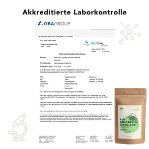 Akkreditiertes Laborzertifikat für chlorella spirulina presslinge – geprüft auf Schwermetalle, Mikrobiologie und Rückstände