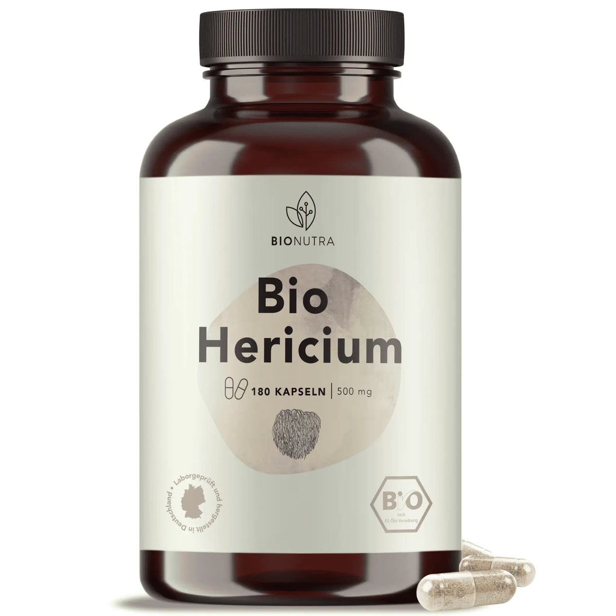 Bio Hericium kapseln (Louwenmaehnen)–hochdosiert, 180 Stück in brauner PET-Dose, 500 mg pro Kapsel