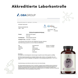 Zertifikat zur akkreditierten Laborkontrolle für Bio opc Kapseln– geprüft auf Schwermetalle, Mikrobiologie und Rückstände laut EU-Richtlinien