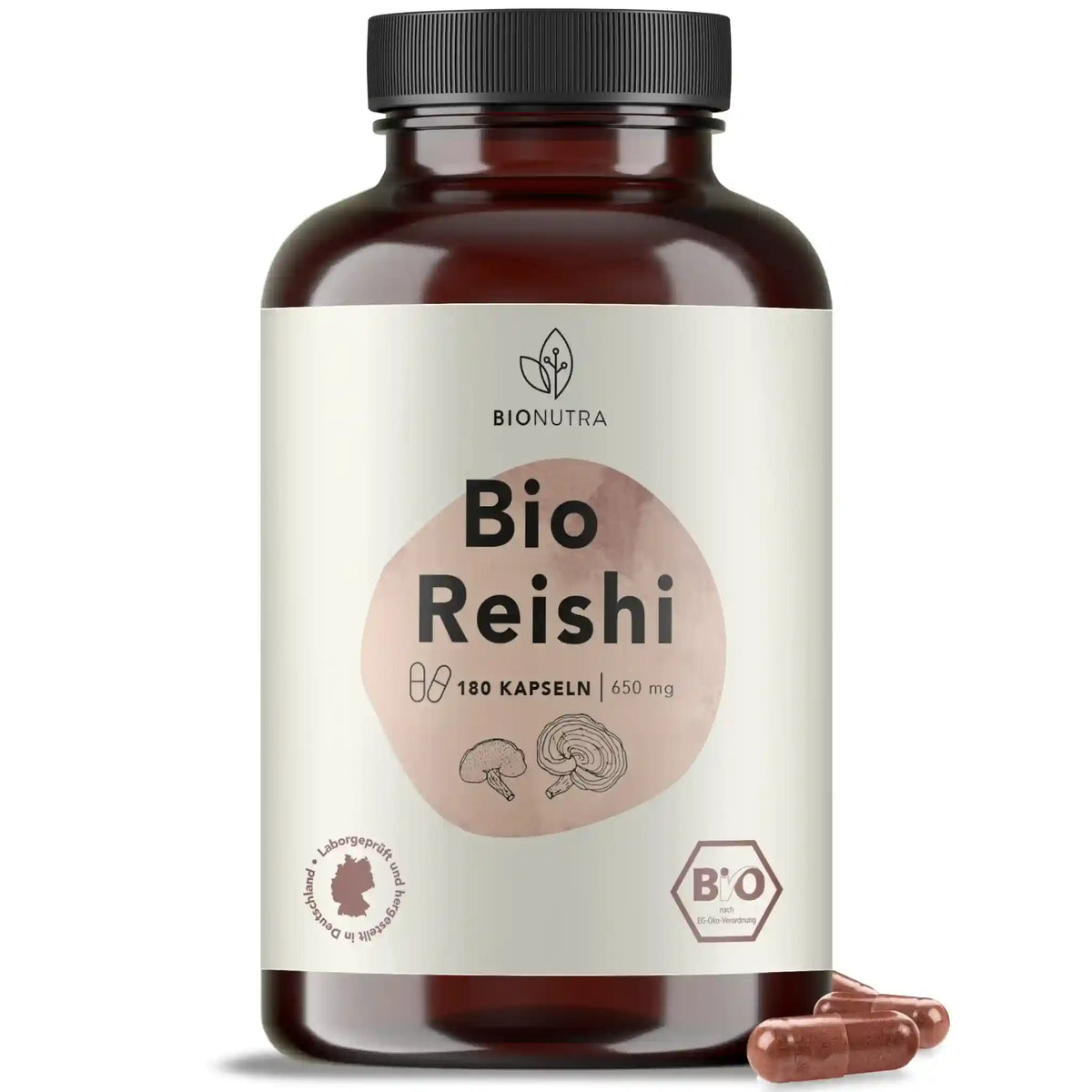 bio reishi kapseln– hochdosiert, 180 Stück in brauner PET-Dose, 600 mg pro Kapsel