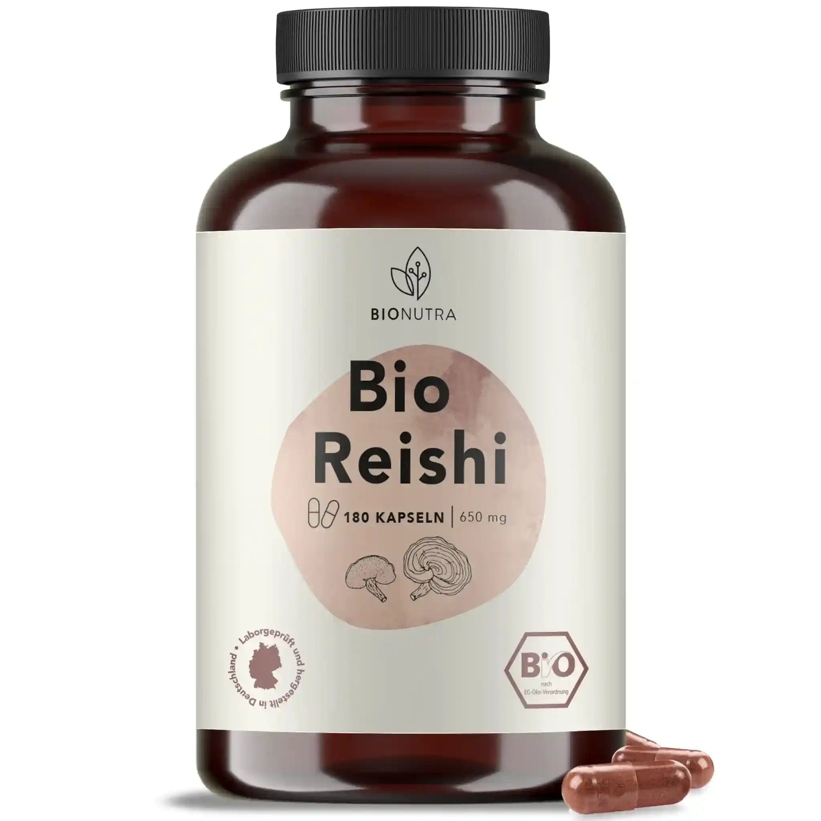 bio reishi kapseln– hochdosiert, 180 Stück in brauner PET-Dose, 600 mg pro Kapsel