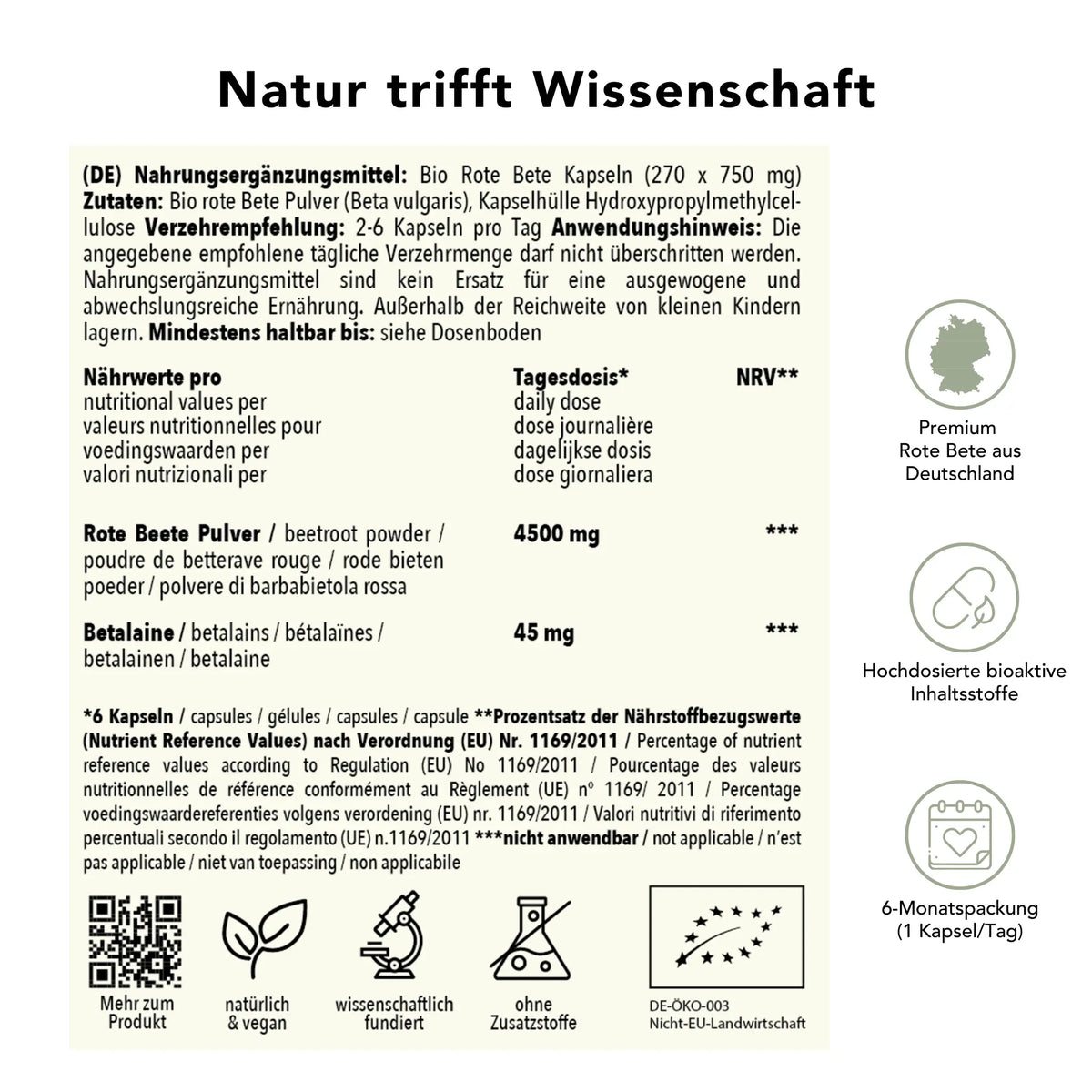 Produktinformation Bio rote bete kapseln: Zutaten, Tagesdosis , Anwendungshinweise, Herkunft Detuschland, ohne Zusatzstoffe, wissenschaftlich fundiert, vegan, 2-Monatspackung