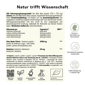 Produktinformation Bio rote bete kapseln: Zutaten, Tagesdosis , Anwendungshinweise, Herkunft Detuschland, ohne Zusatzstoffe, wissenschaftlich fundiert, vegan, 2-Monatspackung