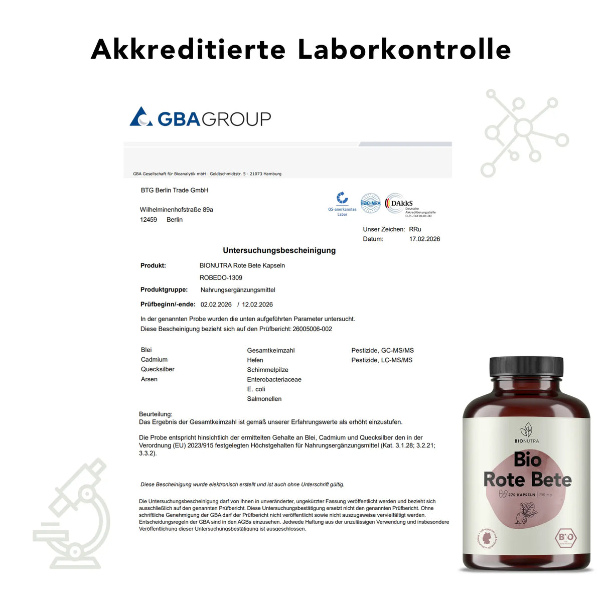 Zertifikat zur akkreditierten Laborkontrolle für Bio rote bete Kapseln– geprüft auf Schwermetalle, Mikrobiologie und Rückstände laut EU-Richtlinien