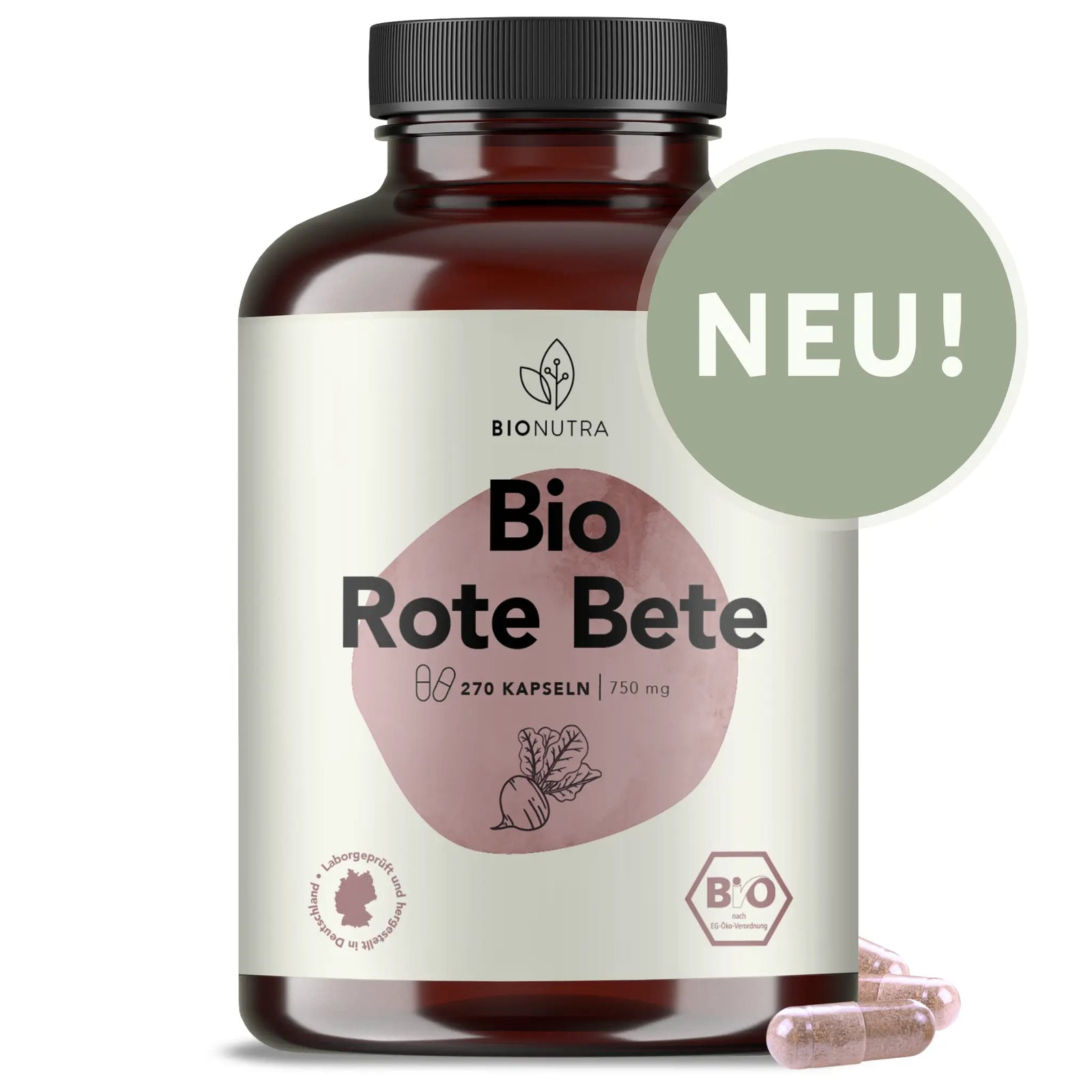 Bio rote bete Kapseln – 270 Stück in brauner PET-Dose, 750 mg pro Kapsel, hochdosiert