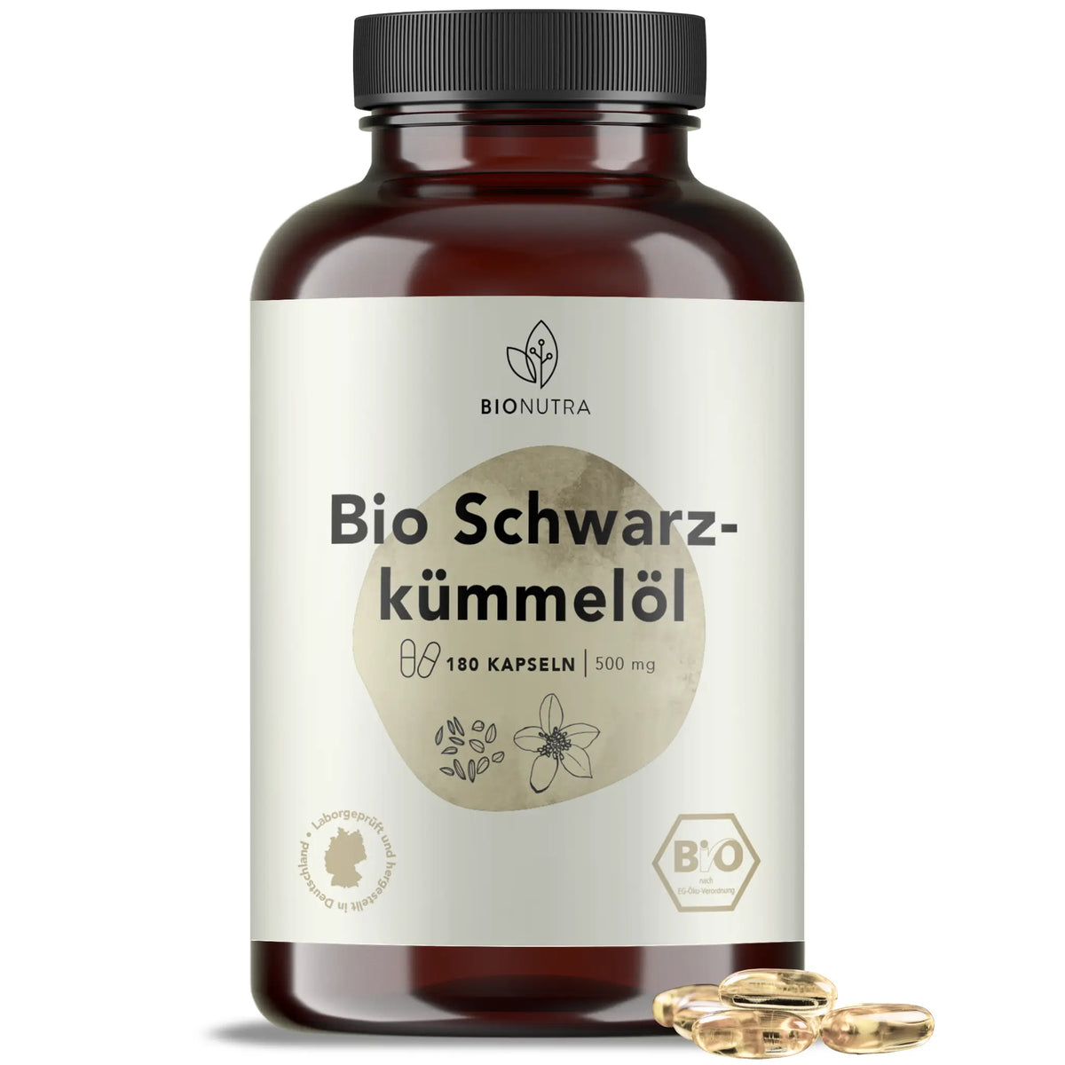 Bio Schwarzkümmelöl Kapseln–hochdosiert, 270 Stück in brauner PET-Dose, 720 mg pro Kapsel