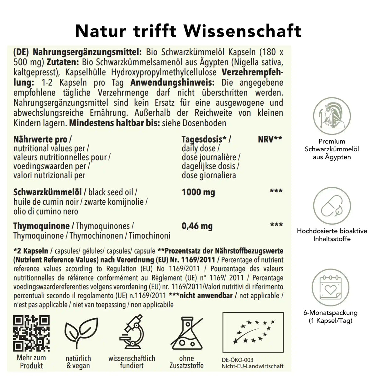 Produktinformation Bio Schwarzkümmelöl Kapseln: Zutaten, Tagesdosis 1440 mg, Anwendungshinweise, Herkunft Ägypten, ohne Zusatzstoffe, wissenschaftlich fundiert, vegan, 6-Monatspackung