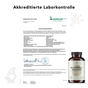 Zertifikat zur akkreditierten Laborkontrolle für Bio Schwarzkümmelöl_Kapseln– geprüft auf Schwermetalle, Mikrobiologie und Rückstände laut EU-Richtlinien