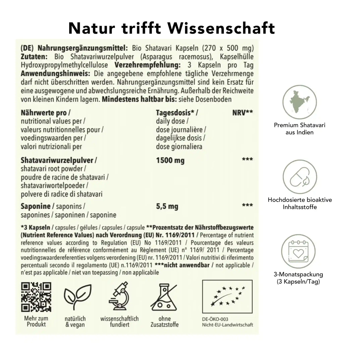 Produktinformation Bio Shatavari Kapseln: Zutaten, Tagesdosis 3000 mg, Anwendungshinweise, Herkunft Indien, ohne Zusatzstoffe, wissenschaftlich fundiert, vegan, 3-Monatspackung