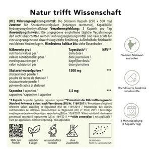 Produktinformation Bio Shatavari Kapseln: Zutaten, Tagesdosis 3000 mg, Anwendungshinweise, Herkunft Indien, ohne Zusatzstoffe, wissenschaftlich fundiert, vegan, 3-Monatspackung