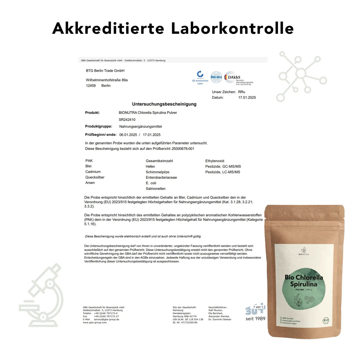 bionutra bio chlorella spirulina pulver 250g labortest