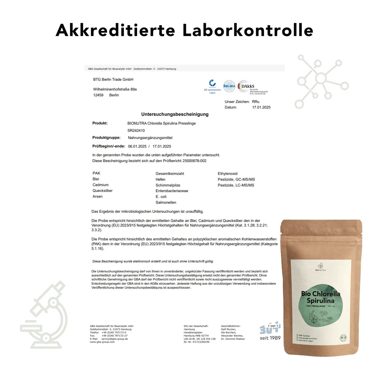Akkreditiertes Laborzertifikat für chlorella spirulina presslinge – geprüft auf Schwermetalle, Mikrobiologie und Rückstände