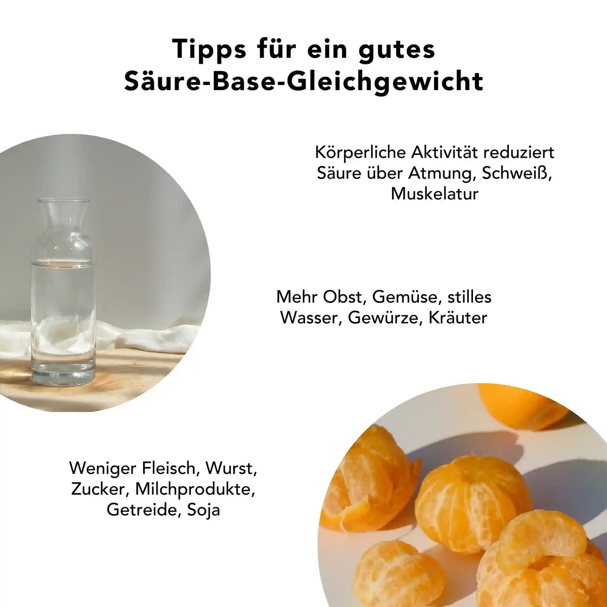 Tipps fuer ein gutes Saeure-Base-Gleichgewicht: viel Gemuese und stilles Wasser, wenig Zucker und tierische Produkte – unterstuetzt durch basisches Gerstengras in Kapselform.