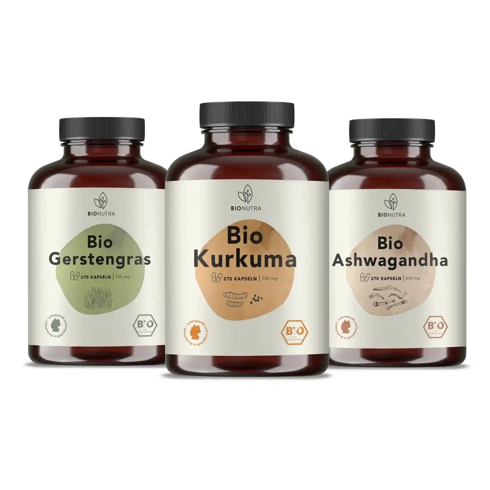 Energie Balance Kur enthält Bio Kurkuma Pfeffer Kapseln, Bio Gerstengras Kapseln, Bio Ashwagandha Kapseln