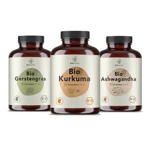Energie Balance Kur enthält Bio Kurkuma Pfeffer Kapseln, Bio Gerstengras Kapseln, Bio Ashwagandha Kapseln