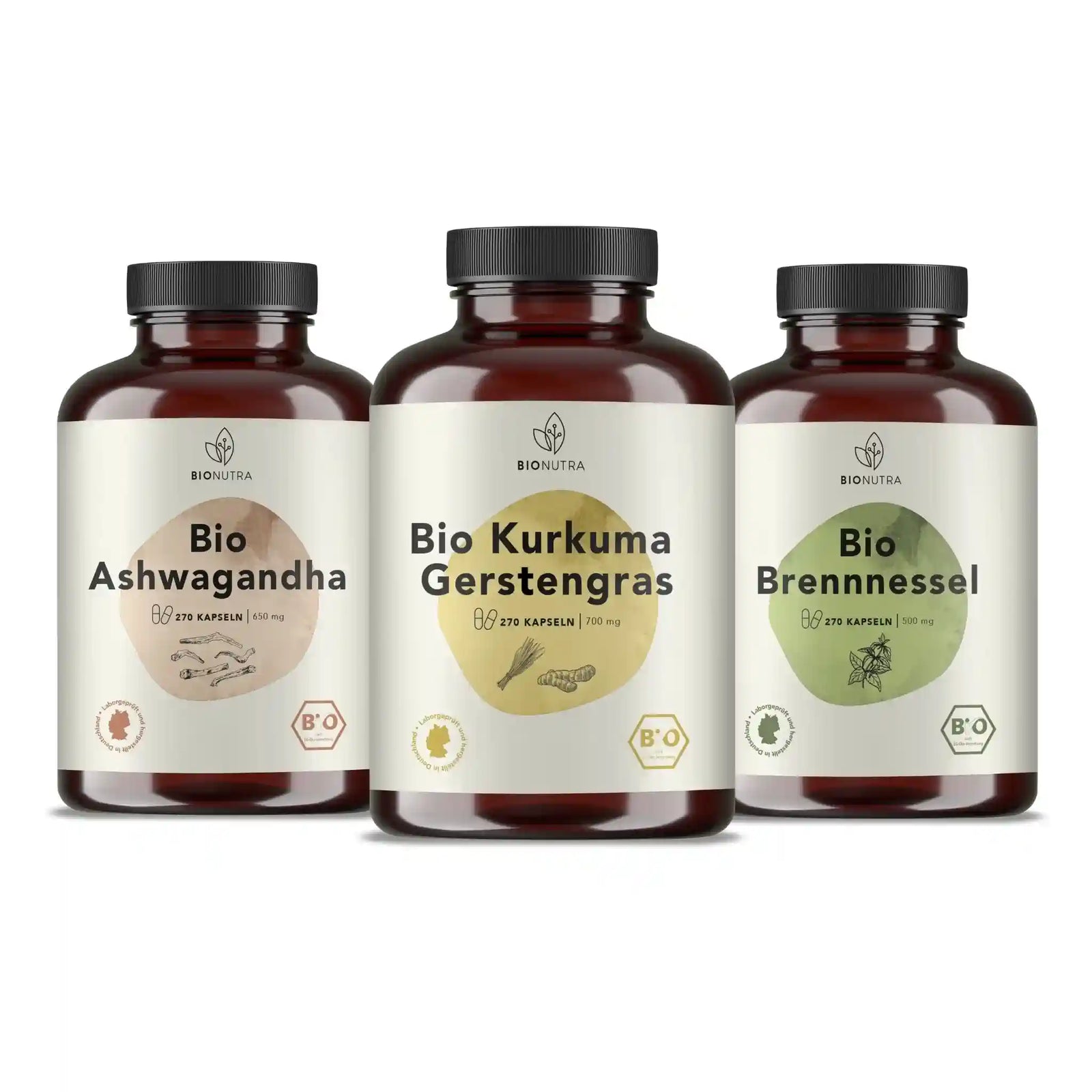 Frauen Power Kur enthält Bio Kurkuma Gerstengras Kapseln, Bio Ashwagandha Kapseln, Bio Brennnessel Kapseln